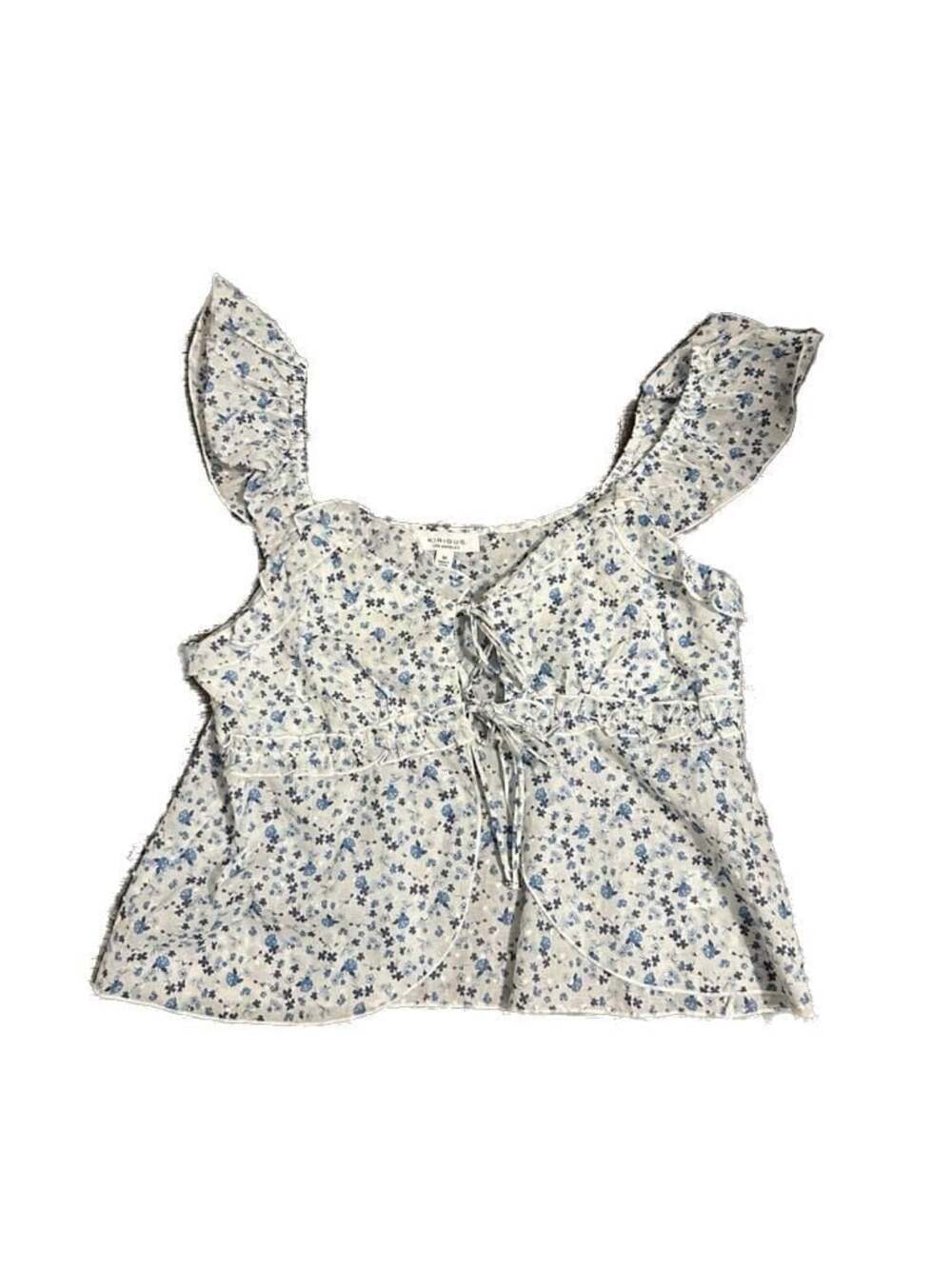 Kirious Los Angeles Blue Floral Ruffle Strap Tie-Front Peplum Top